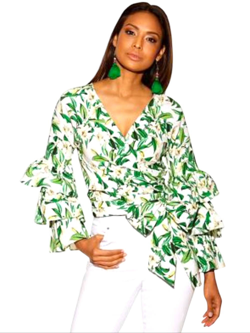 Boston Proper White & Green Floral Wrap Blouse with Tiered Bell Sleeves Size 10